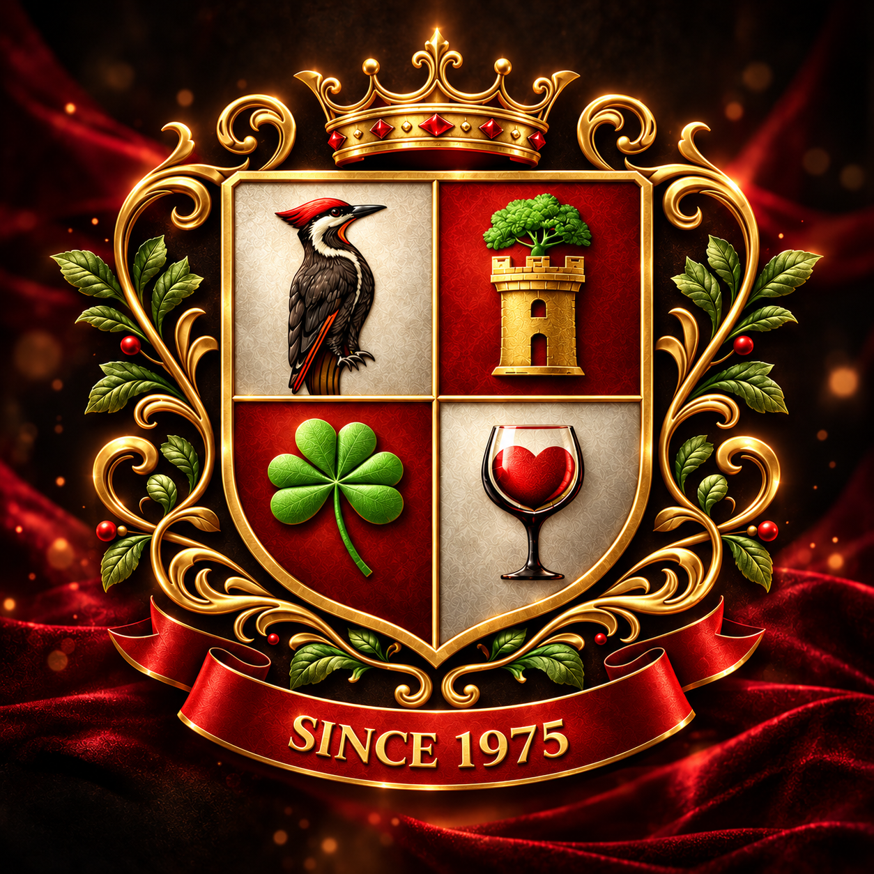 Stemma dorato Quintovizio con corona, picchio, torre, quadrifoglio e calice, SINCE 1975