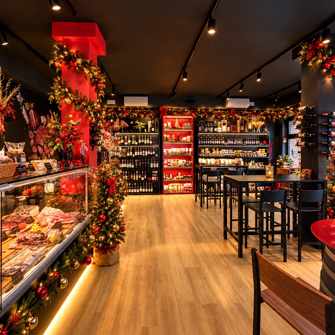 Il locale Quintovizio addobbato per Natale: bottega, enoteca e tavoli pronti per un evento privato