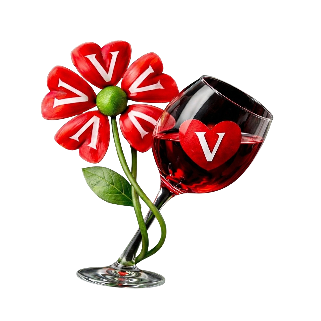 Fiore rosso con petali a forma di V e calice di vino rosso